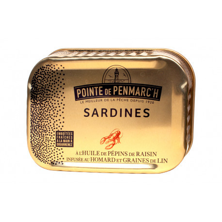 Sardines à l'huile de pépins de raisin infusée au homard et graines de lin Sardines à l'huile de pépins de raisin infusée au homard et graines de lin